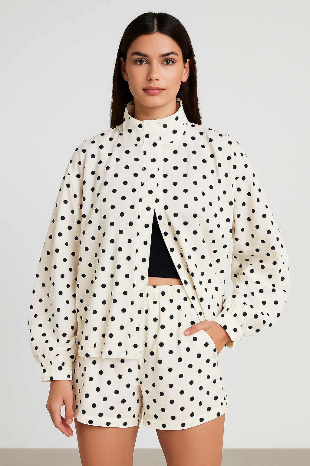 Woman wearing a polka dot outfit with a white background