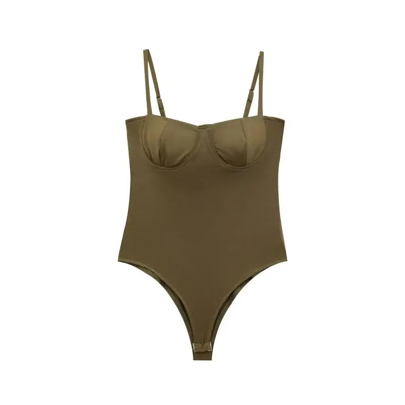 Khaki green swimsuit with thin straps on a white background