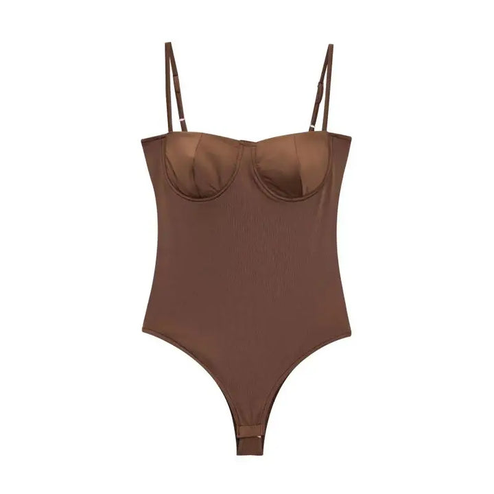 Brown bodysuit with thin straps on a white background