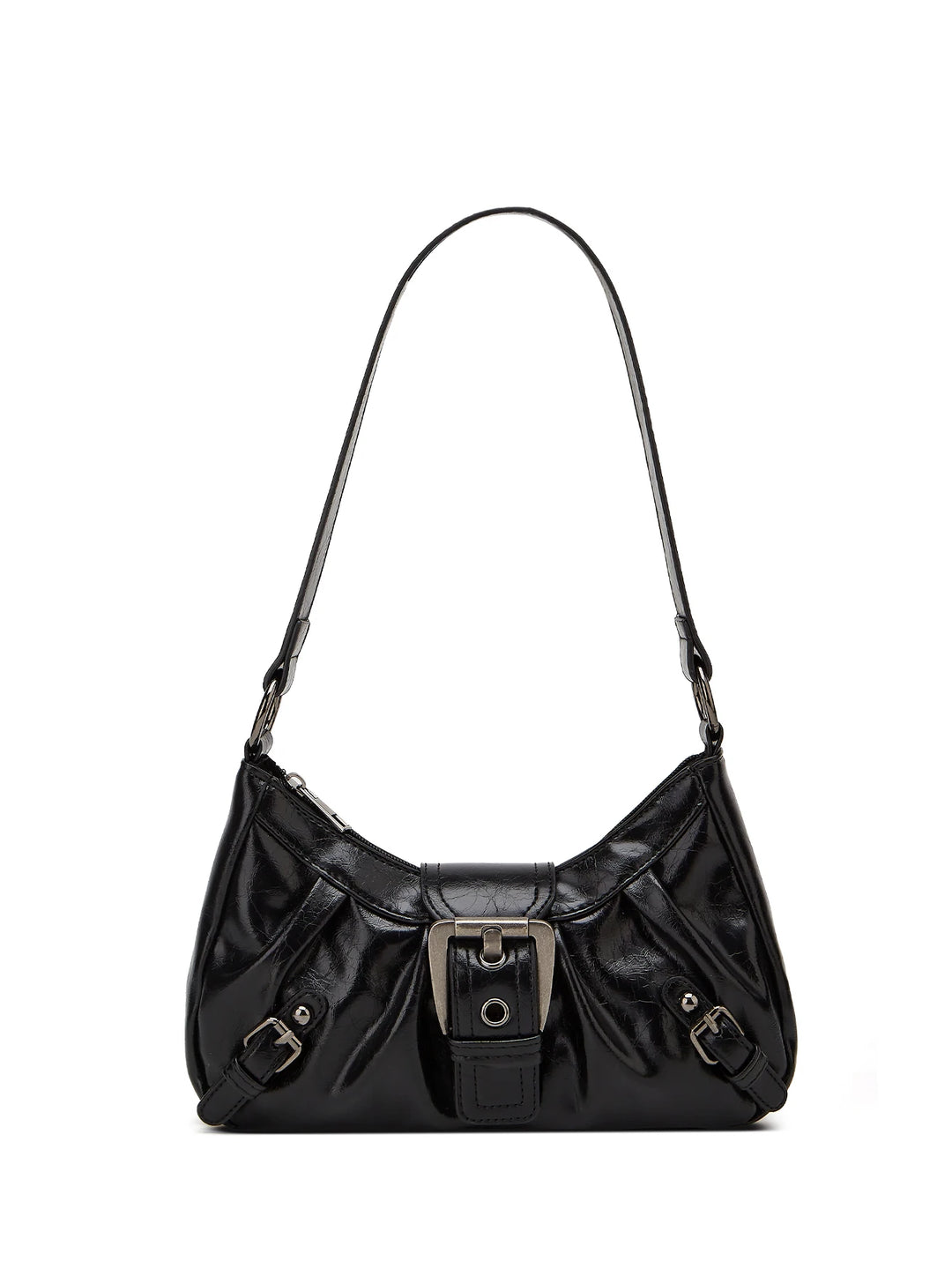 Black handbag with a strap on a white background