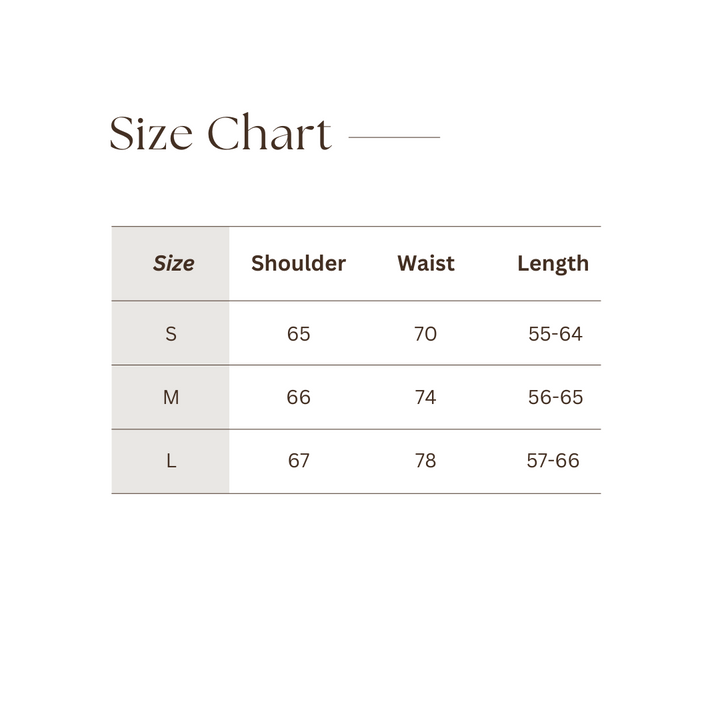Size chart for clothing with shoulder, waist, and length measurements.