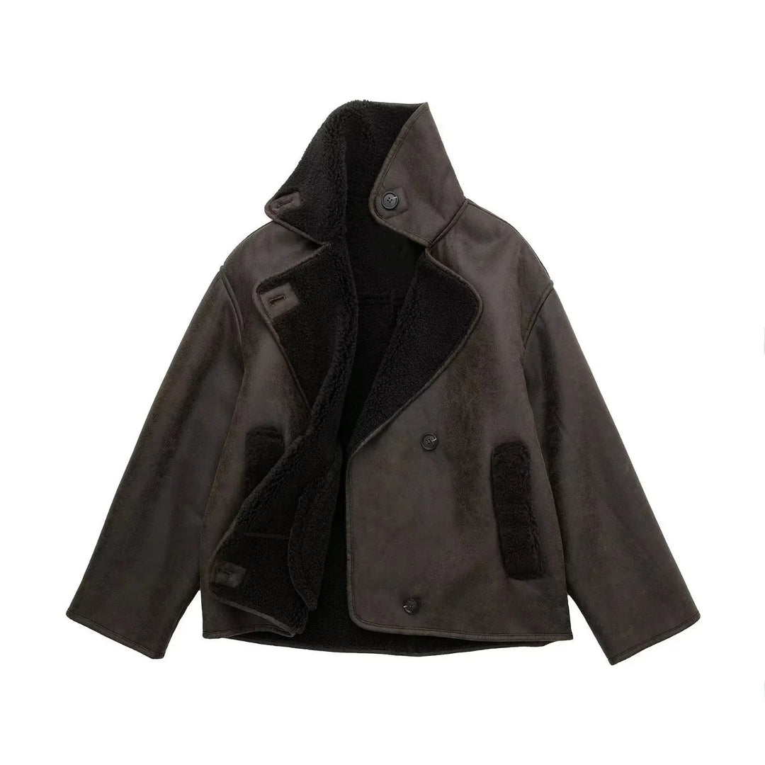 Dark brown leather jacket with black interior on a white background