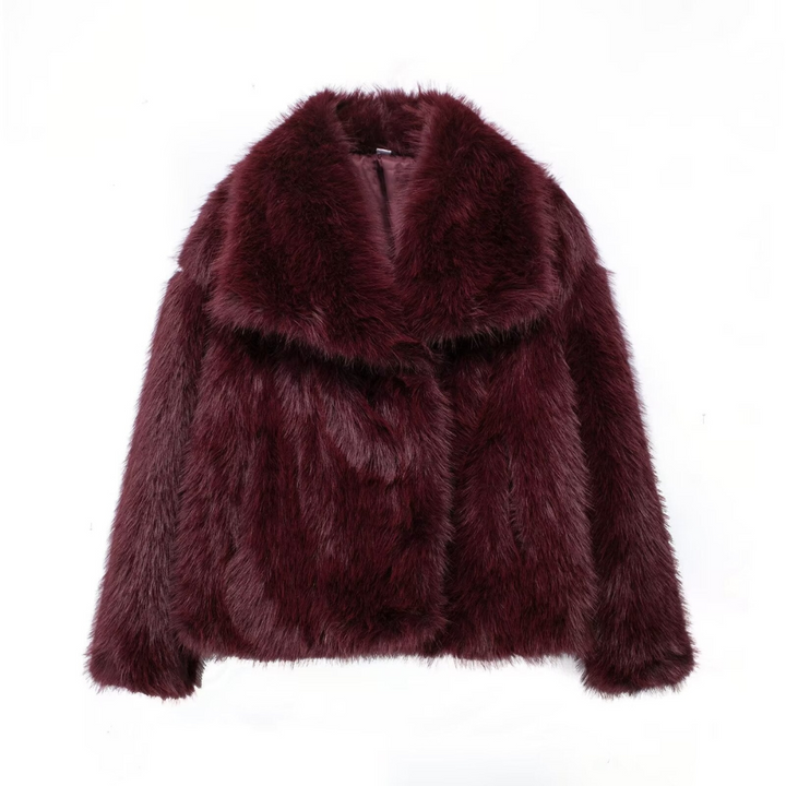 Maroon faux fur jacket on a white background