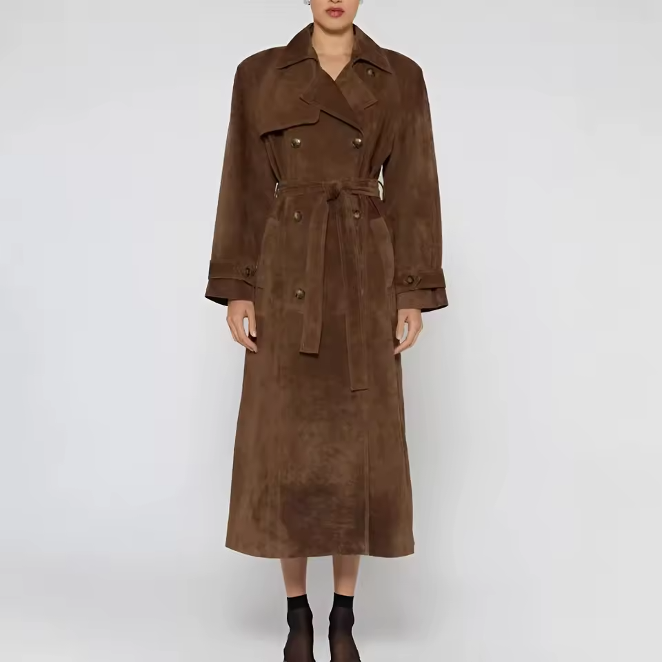 Brown suede trench coat on a white background
