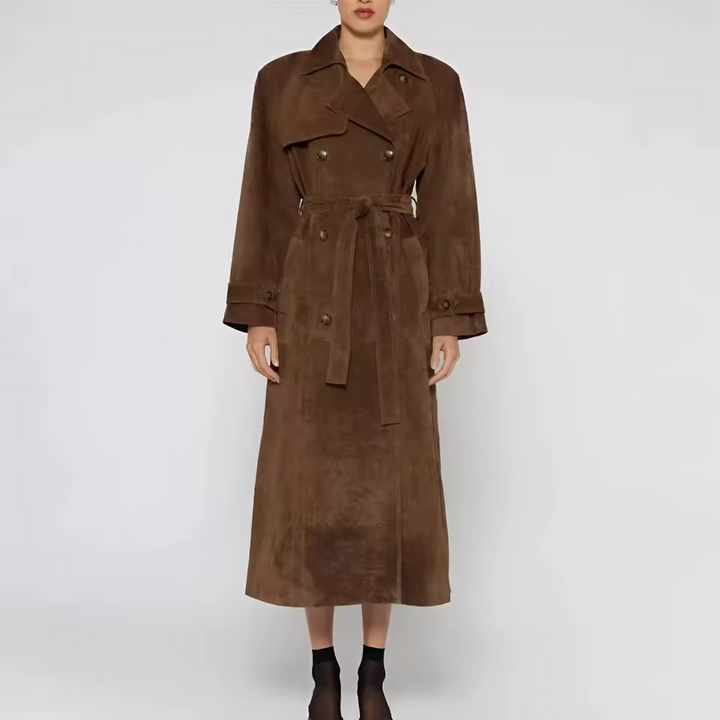 Brown suede trench coat on a white background